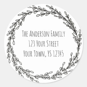 Schwarz-weiße Wreath-Floral-Adresse Runder Aufkleber