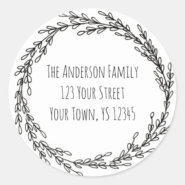 Schwarz-weiße Wreath-Floral-Adresse Runder Aufkleber (Vorderseite)