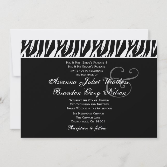 Schwarz-weiße Zebra-Hochzeitsvorlage Einladung (Vorderseite)