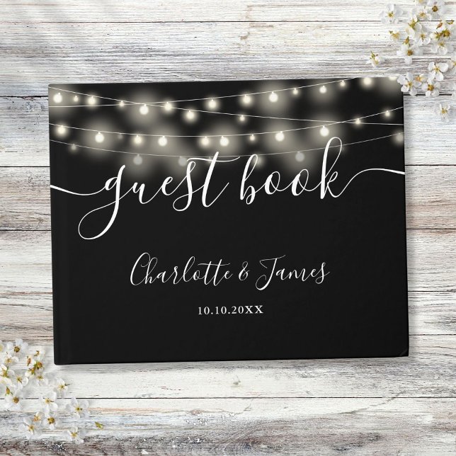Schwarz-weiße Zeichenkettenleuchten Gästebuch (Black White String Lights Signature Script Wedding Guest Book)