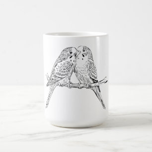 Schwarz-weiße zwei Wellensittiche sitzen zusammen Kaffeetasse