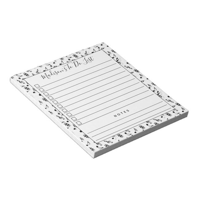 Schwarz-weißen Musiknote, die Personalisiert sind, Notizblock (angewinkelt)