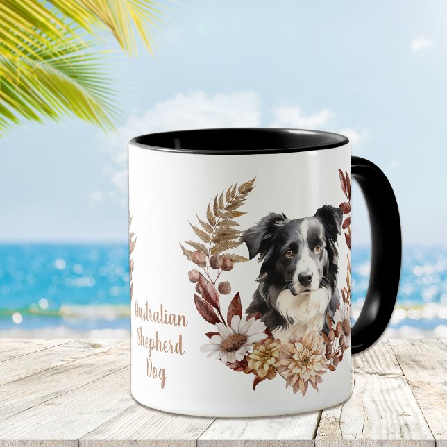 Schwarz-weißer Australischer Schäferhund Herbstrea Tasse (Von Creator hochgeladen)
