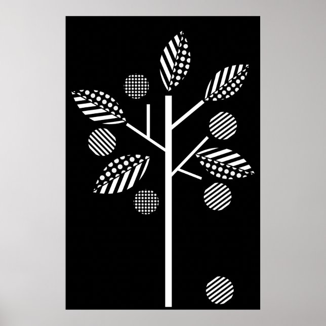 Schwarz-weißer Baum auf schwarzem Hintergrund Druc Poster (Vorne)