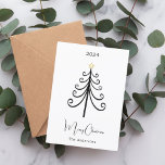 Schwarz-weißer Baum boho, schlicht, modern Weihnac Feiertagskarte<br><div class="desc">Weißer Hintergrund und ein von der schwarzen Hand gezeichneter Weihnachtsbaum mit einem gelben Stern. Frohe Weihnachten geschrieben mit einem trendigen Handgriff Stil Skript. Zurück: Fügen Sie Ihre Notiz und Ihre Namen hinzu.</div>