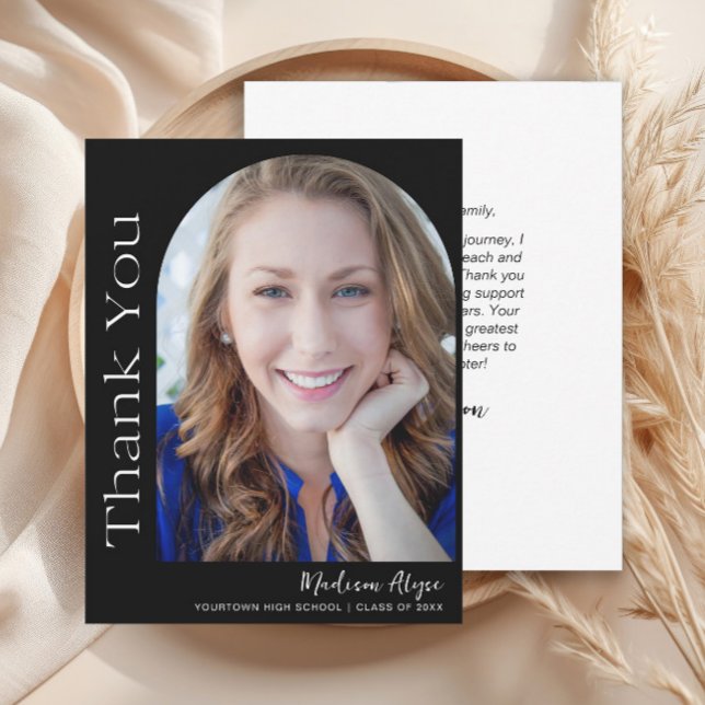 Schwarz-weißer benutzerdefinierter moderner Foto A Dankeskarte (Modern black photo arch graduation thank you card)