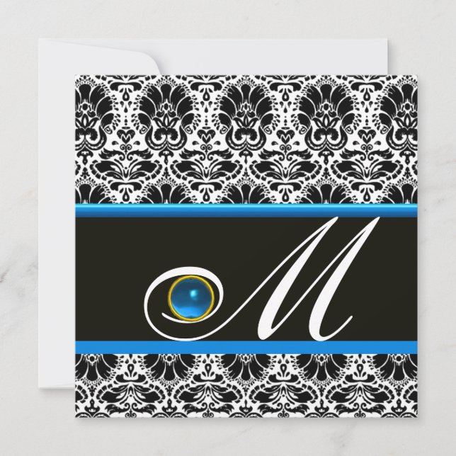 SCHWARZ-WEISSER BLUE DAMASK MONOGRAM Saphir Einladung (Vorderseite)