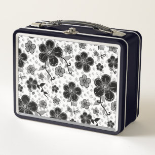 Schwarz-weißer Blumenprint Metall Brotdose