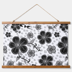 Schwarz-weißer Blumenprint Wandteppich Mit Holzrahmen