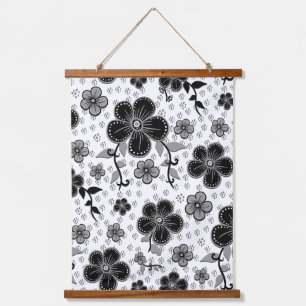 Schwarz-weißer Blumenprint Wandteppich Mit Holzrahmen