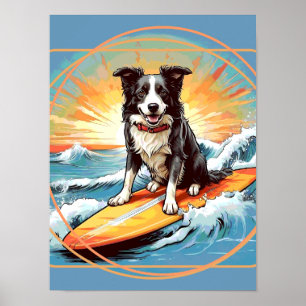 Schwarz-weißer Border Collie beim Surfen Poster