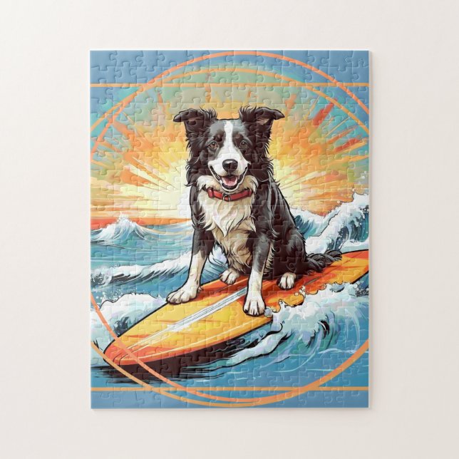 Schwarz-weißer Border Collie surft Puzzle (Vertikal)