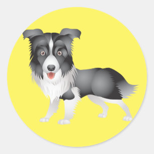 Schwarz-weißer Border Collie Welpe Hund Gelb Runder Aufkleber