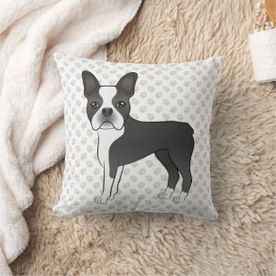 Schwarz-weißer Boston-Terrier-Cartoon-Hund & Pfote Kissen
