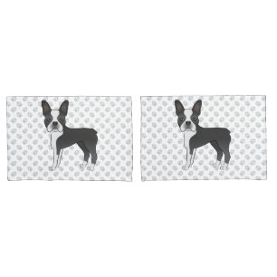 Schwarz-weißer Boston-Terrier-Cartoon-Hund und Pfo Kissenbezug
