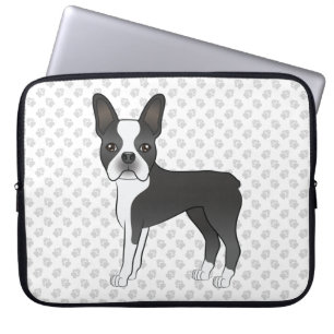 Schwarz-weißer Boston-Terrier-Cartoon-Hund und Pfo Laptopschutzhülle
