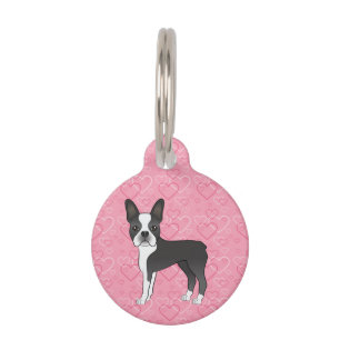 Schwarz-weißer Boston-Terrier-Hund auf rosa Herzen Haustiermarke