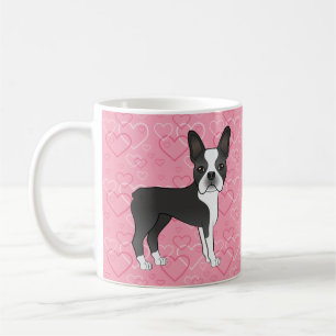 Schwarz-weißer Boston-Terrier-Hund auf rosa Herzen Kaffeetasse
