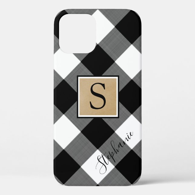 Schwarz-weißer Buffalo-Karierter Name für Monogram Case-Mate iPhone Hülle (Rückseite)