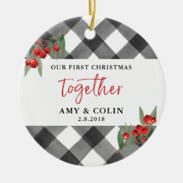 Schwarz-weißer Buffalo-Karo Erster Weihnachtsfest Keramik Ornament