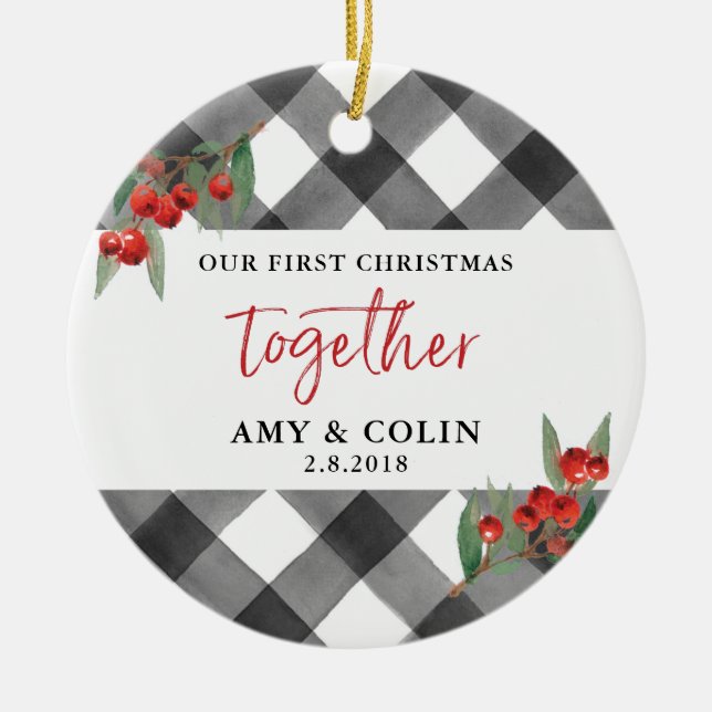 Schwarz-weißer Buffalo-Karo Erster Weihnachtsfest Keramik Ornament (Vorne)