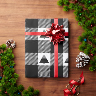 Schwarz-weißer Büffel-Karo mit Weihnachtsbäumen Geschenkpapier