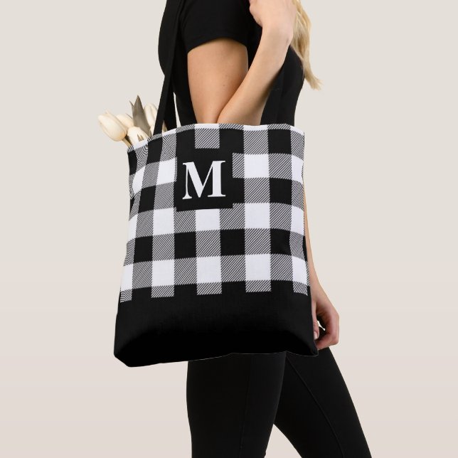Schwarz-weißer Büffel-Karo-Monogramm-Tasche (Von Nahem)