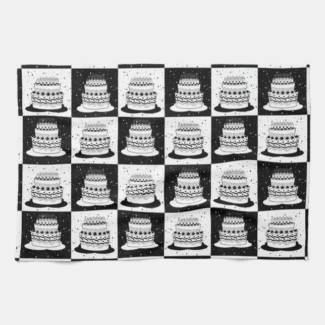 Schwarz-weißer Cake-Checker-Blockdruck Geschirrtuch (Horizontal)