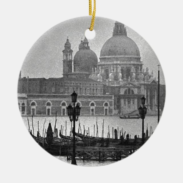 Schwarz-weißer Canal Venedig Italien Reisen Keramik Ornament (Vorne)