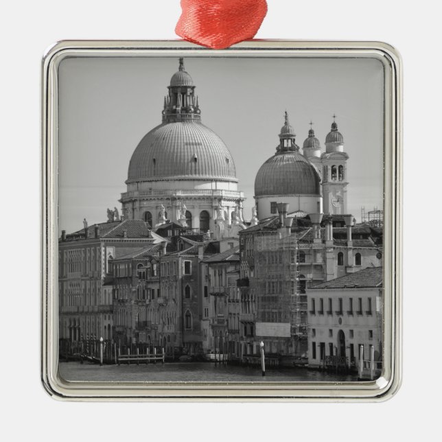 Schwarz-weißer Canal Venedig Italien Reisen Silbernes Ornament (Vorne)