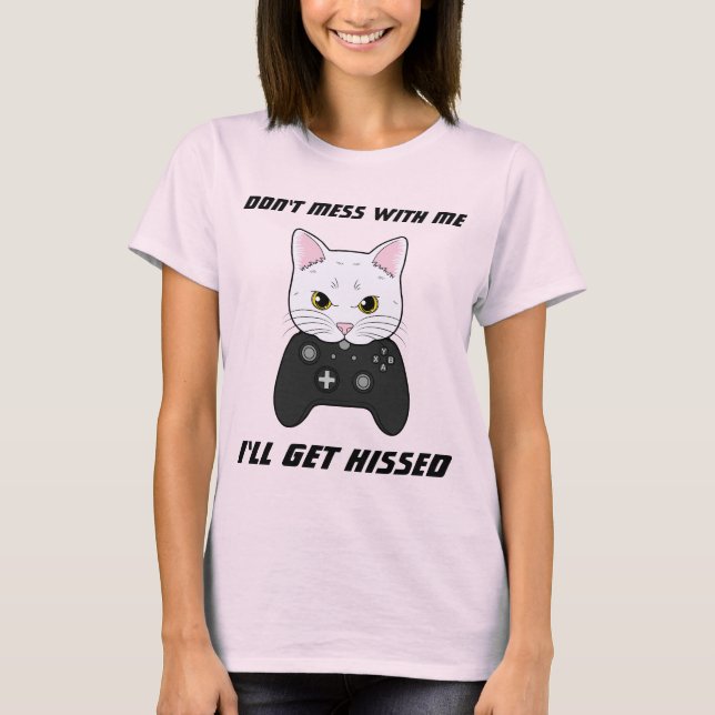 Schwarz-weißer Cartoon Controller Gamer Cat T-Shirt (Vorderseite)