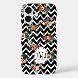 Schwarz-weißer Chevron-Blumenmonogramm iPhone 16 Hülle