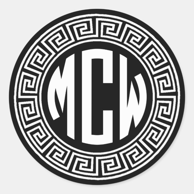 Schwarz-weißer Circle Monogram Schriftart griechis Runder Aufkleber