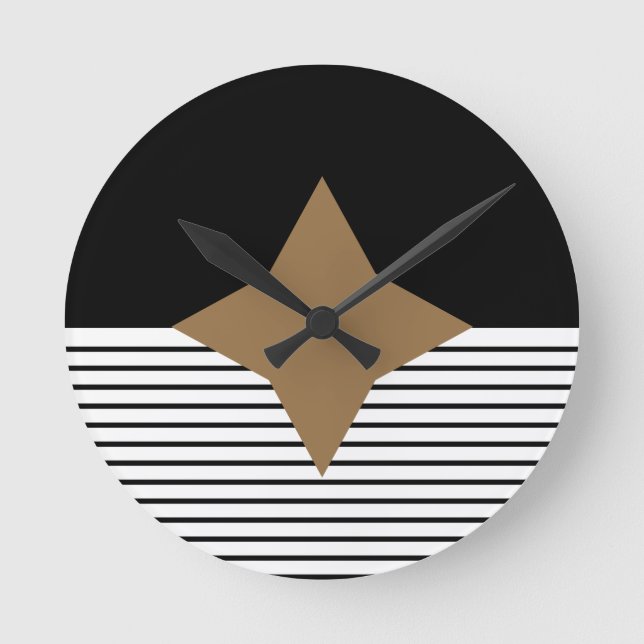 Schwarz-weißer Colorblock u. Brown-Diamant Runde Wanduhr (Vorderseite)