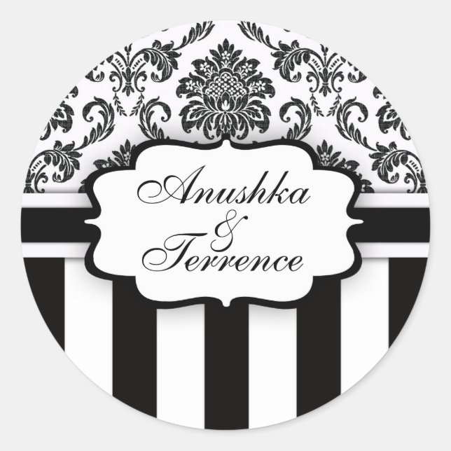 Schwarz-weißer Damask Stripe Wedding Sticker (Vorderseite)