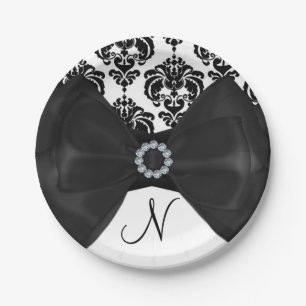 Schwarz-weißer Damast-Bling-Bogen-Glamour-Sweet-16 Pappteller