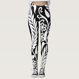 Schwarz-weißer Damast-Blumenmuster-Gewohnheit Leggings