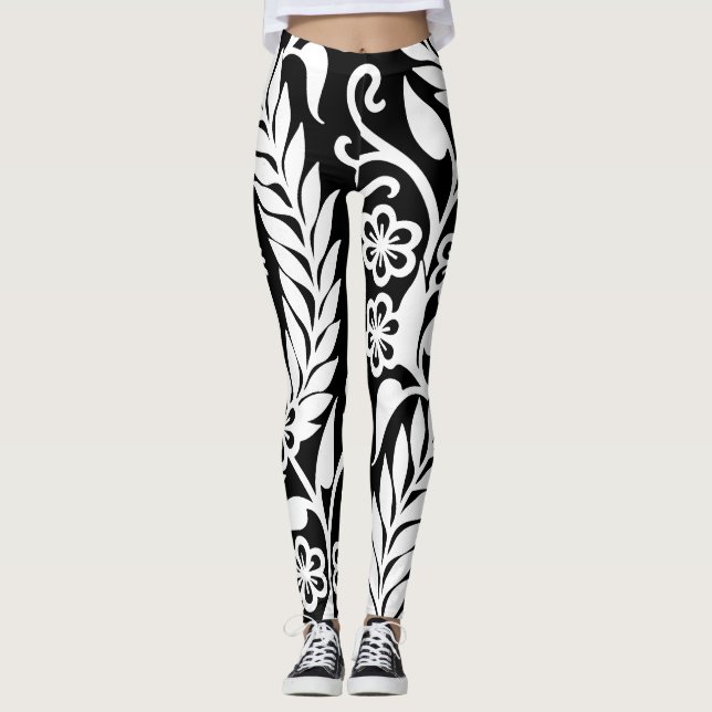 Schwarz-weißer Damast-Blumenmuster-Gewohnheit Leggings (Vorderseite)