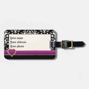 Schwarz-weißer Damast mit lila Band und Herz Gepäckanhänger