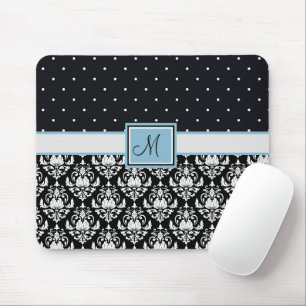 Schwarz-weißer Damast und monogrammierte Punkte Mousepad