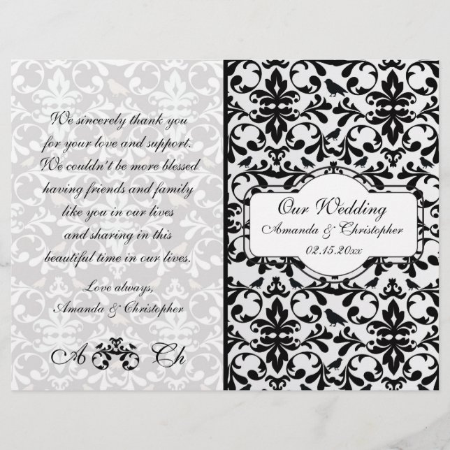 Schwarz-weißer Damastenhochzeitprogramm Flyer (Vorderseite)