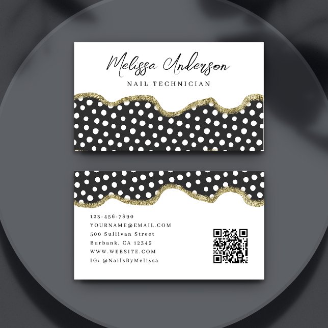 Schwarz-weißer Dotty Gold Glitzer Preppy QR-Code Visitenkarte (Von Creator hochgeladen)