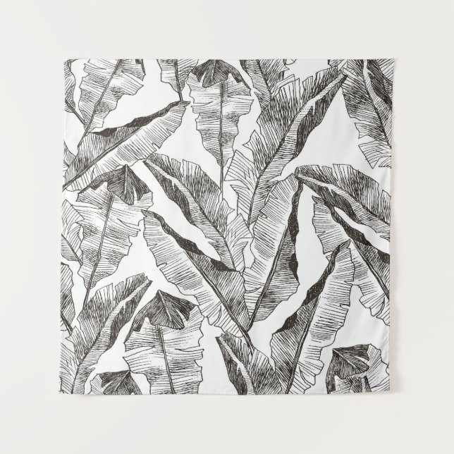 Schwarz-weißer Dschungel: Muster der tropischen Pf Wandteppich (Vorderseite)