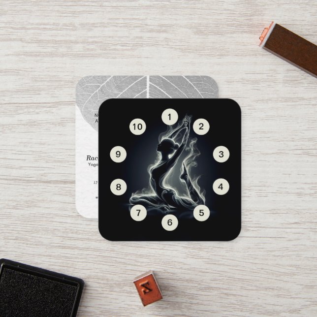 Schwarz-weißer einbeiniger King-Pigeon-Yoga-Class- Treuekarte (Vorderseite/Rückseite Beispiel)