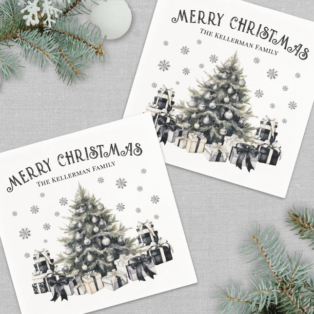 Schwarz-weißer eleganter Weihnachtsbaum Serviette (Black White Elegant Christmas Tree Napkins)