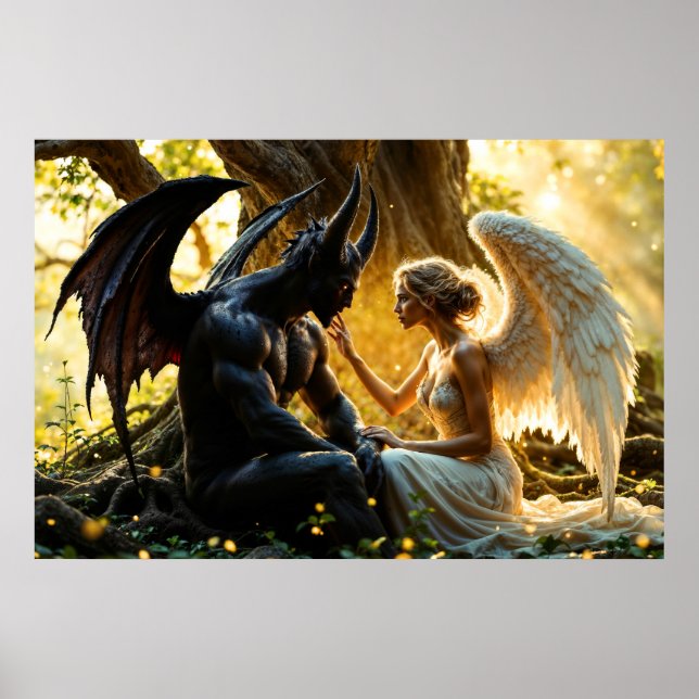 Schwarz-weißer Engeldemon, mystischer Wald Poster (Vorne)
