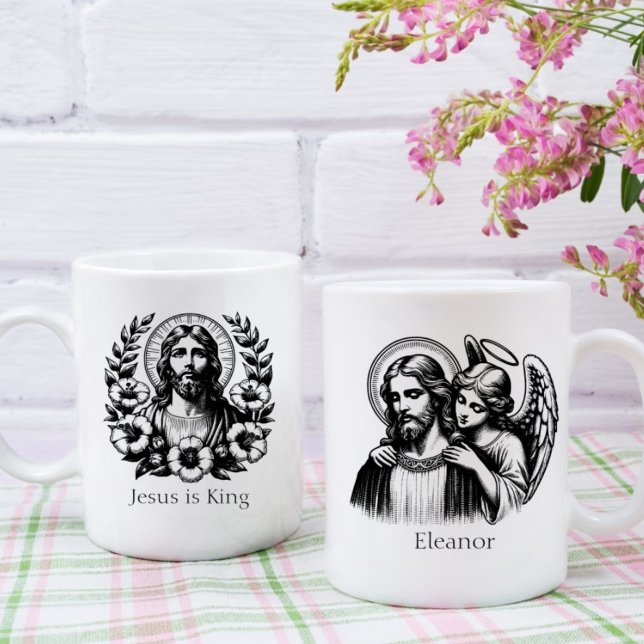Schwarz-weißer Florer Jesus Christ Guardian Angel Kaffeetasse (Von Creator hochgeladen)