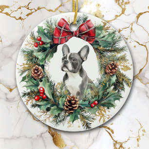 Schwarz-weißer französischer Bulldog Pine Cone Bow Keramik Ornament
