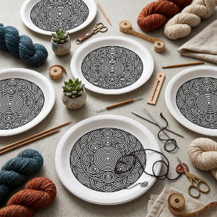 Schwarz-weißer Garnball-Mandala Pappteller