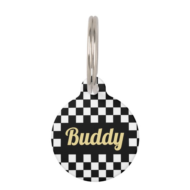 Schwarz-weißer geprüfter Goldkatzen Name modern Haustiermarke (Vorderseite)